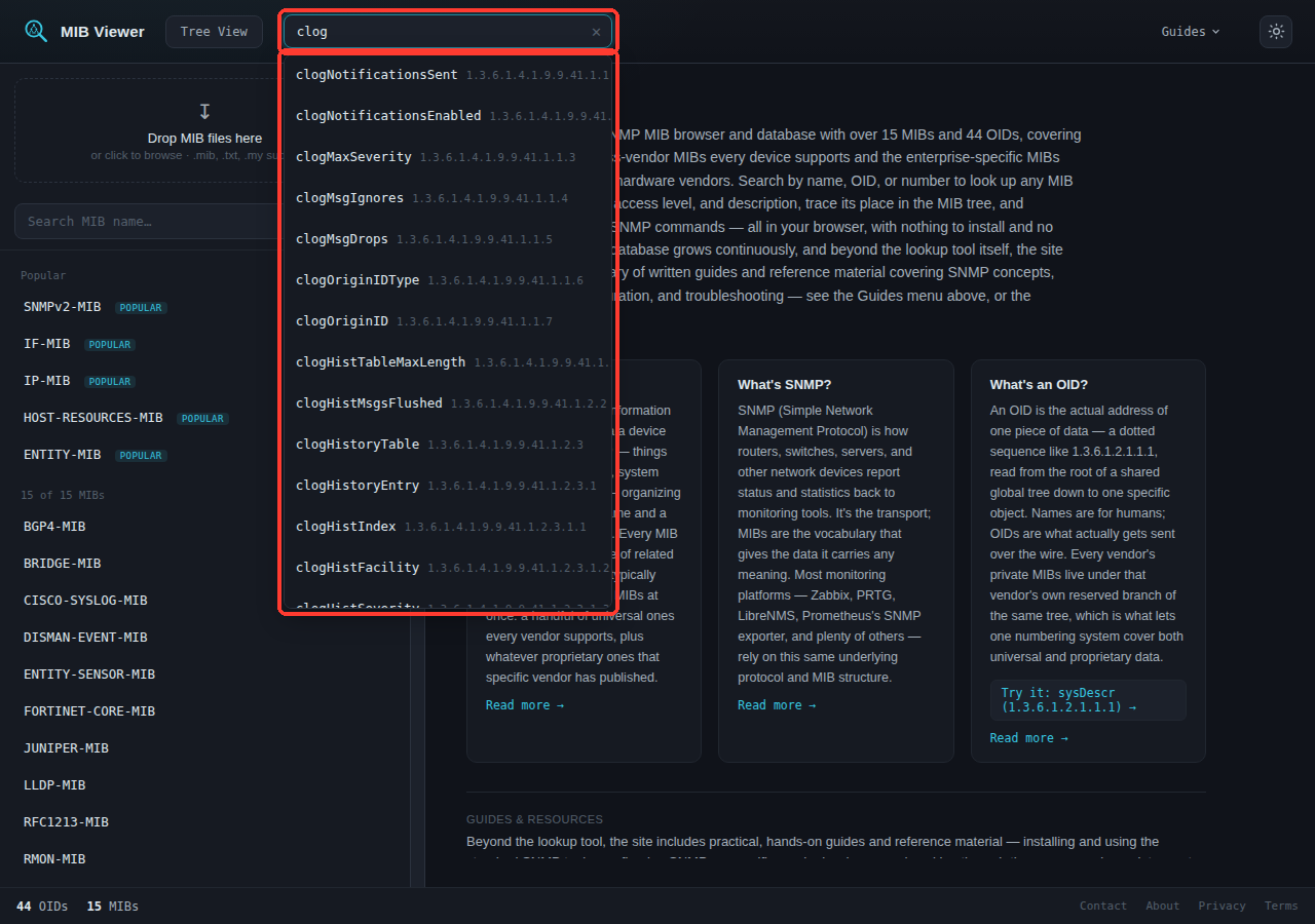 Typing 'clog' into the top search bar shows a live dropdown of matching object names, each with its full OID, including clogBasic, clogNotificationsSent, clogNotificationsEnabled, and more