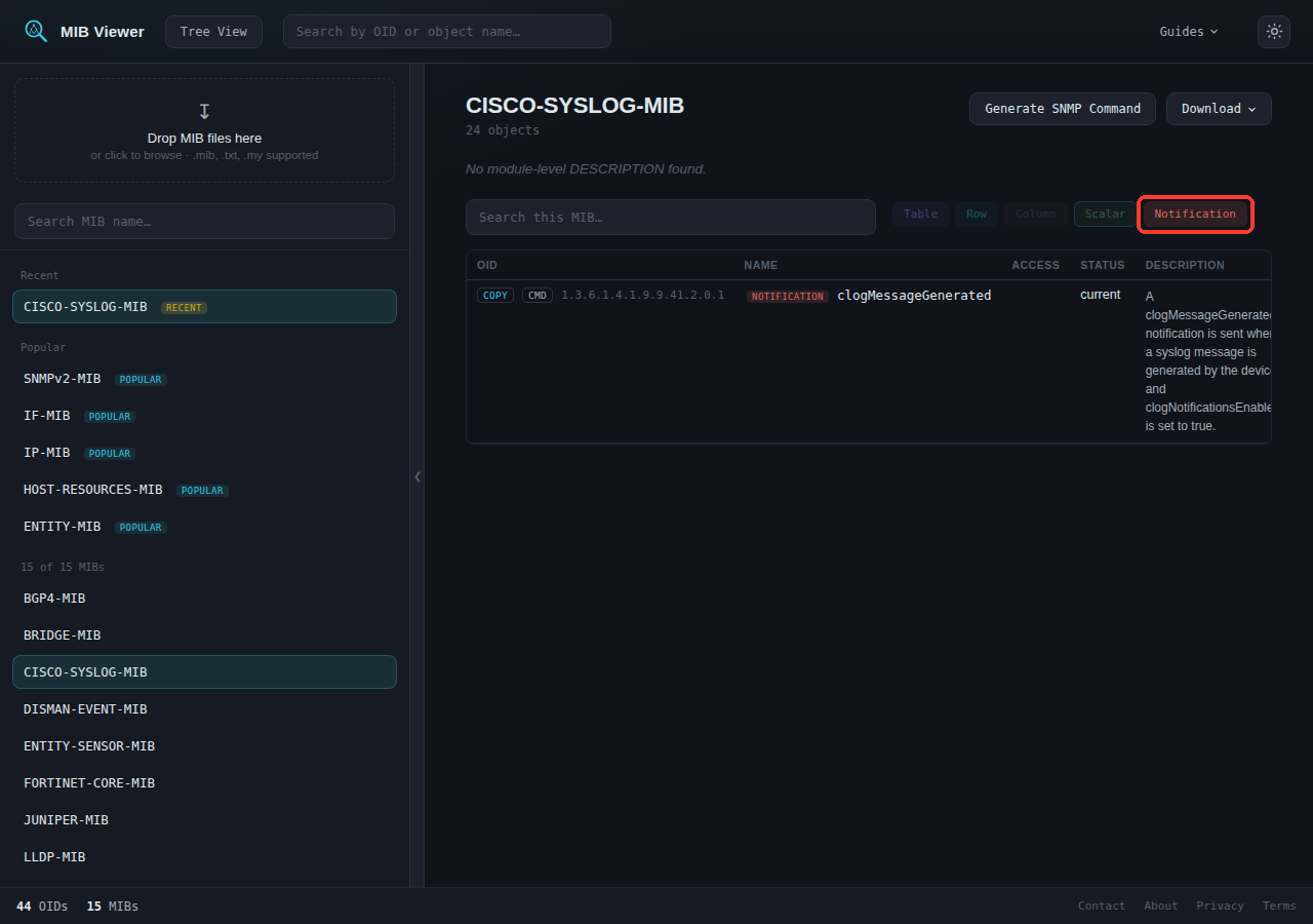 With only the Notification filter left active, the object table now shows just one row: clogMessageGenerated, the single trap this MIB defines, with its full description visible