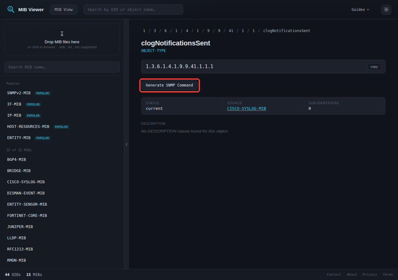 An OID page for clogNotificationsSent, showing the OID, a Generate SNMP Command button, and detail fields below it