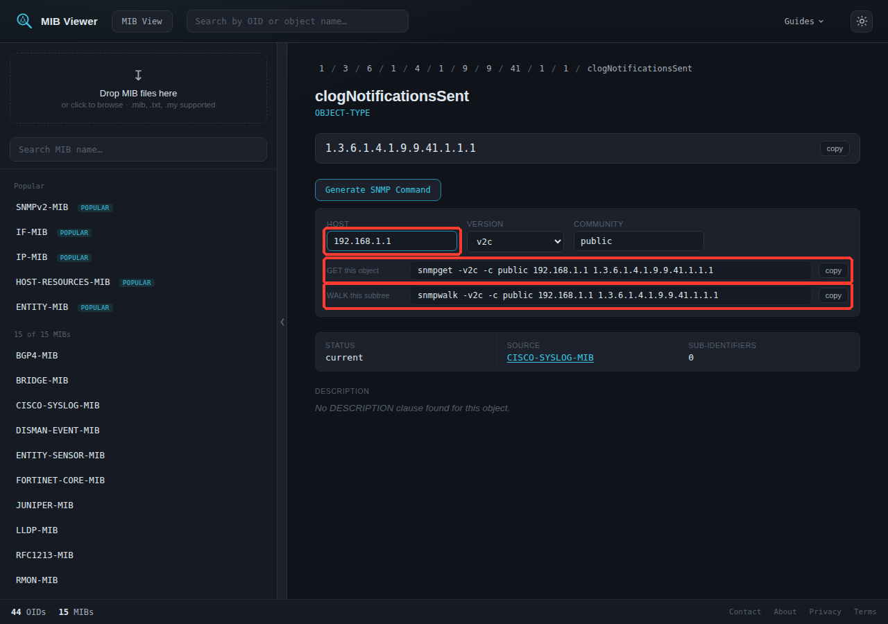 The command panel open, showing Host/Version/Community fields filled with 192.168.1.1 and public, and generated snmpget/snmpwalk commands using that host and OID