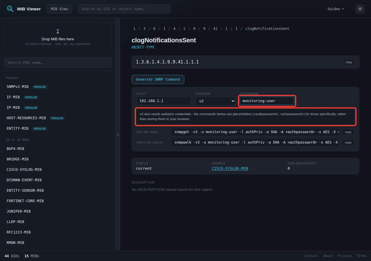 The same panel with Version switched to v3, showing a Username field instead of Community, a note about auth/priv credentials, and generated commands using placeholders like <authpassword> for those credentials