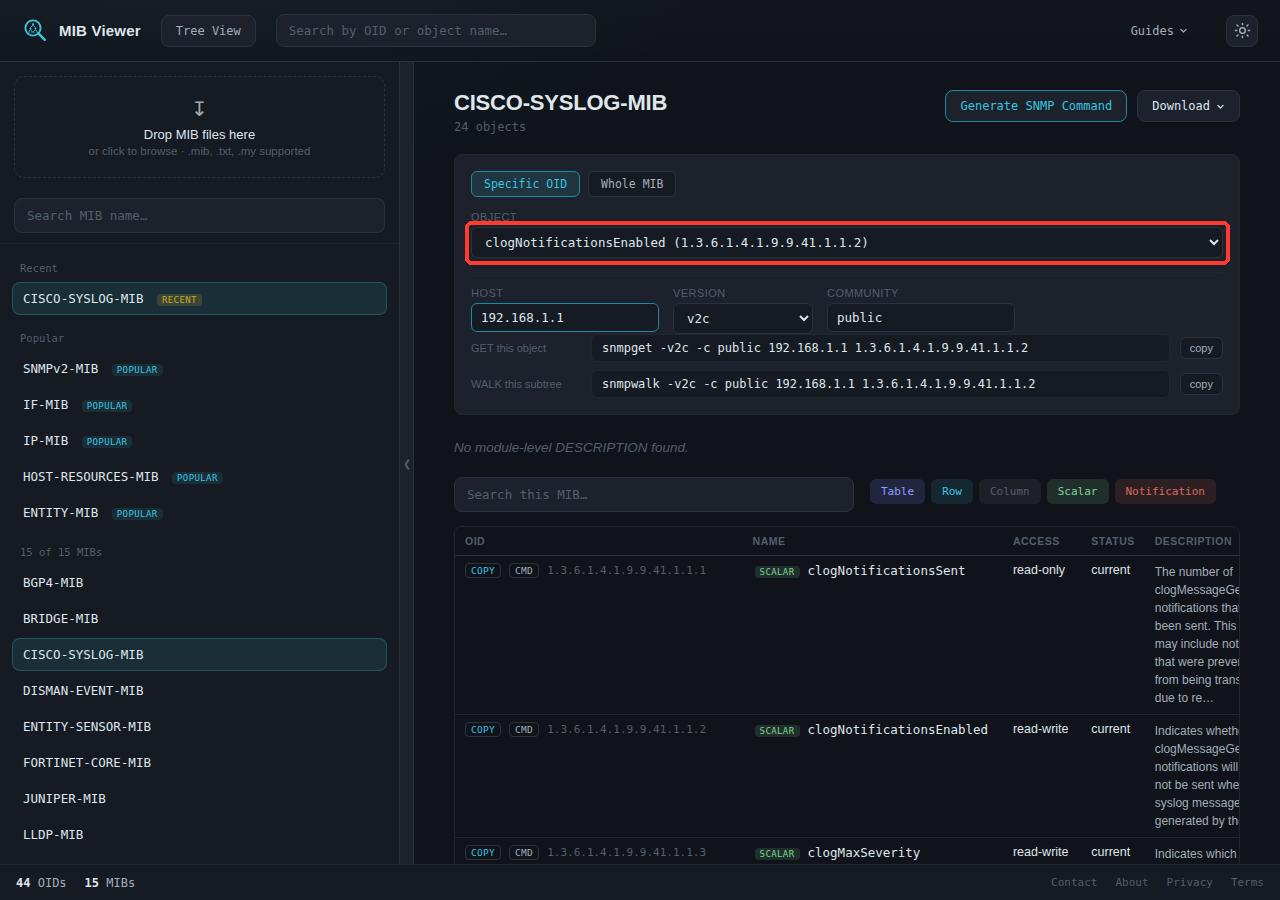 The MIB-level panel in Specific OID mode, with an Object dropdown set to clogNotificationsEnabled, and the same GET/WALK commands as the OID page would show for that object