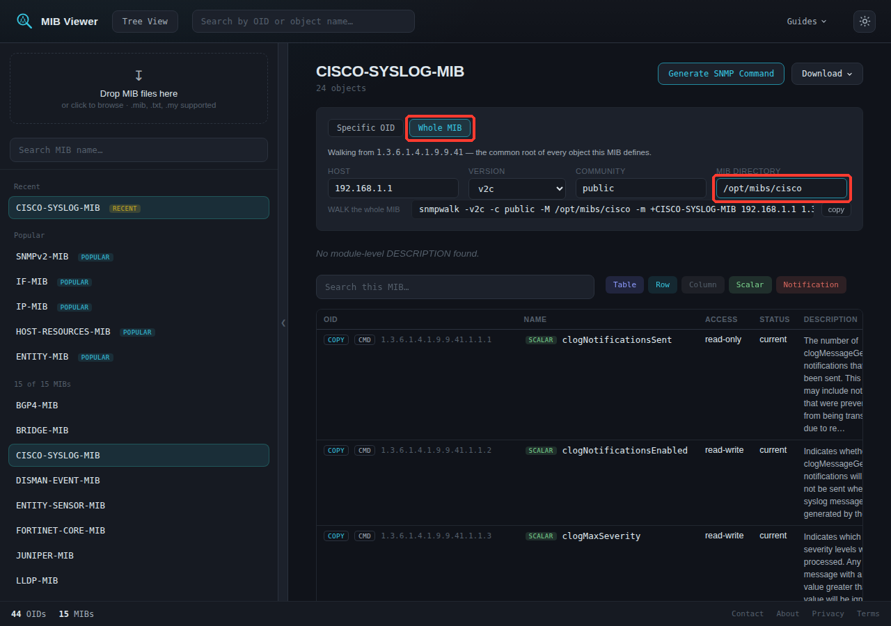 The MIB-level panel in Whole MIB mode, showing a note about walking from the module's common root OID, a MIB Directory field, and a single generated snmpwalk command using -M and -m flags
