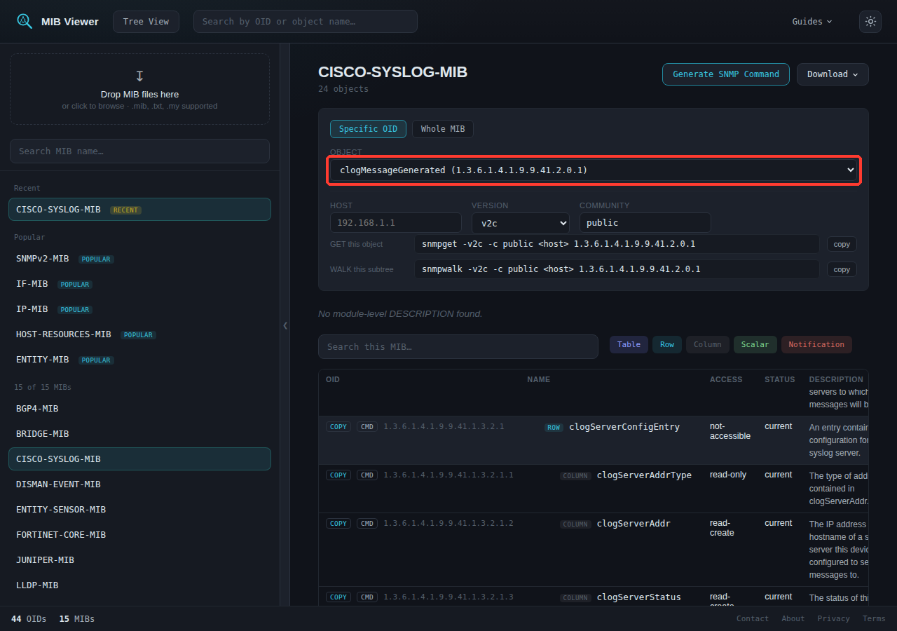 After clicking the CMD button on the clogMessageGenerated row, the panel has scrolled into view, opened directly in Specific OID mode, and the object picker is already set to clogMessageGenerated