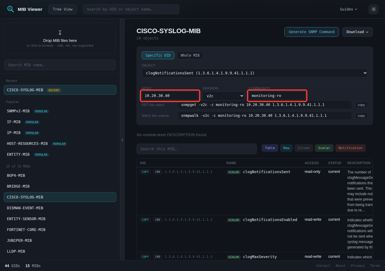 The MIB-level panel showing Host as 10.20.30.40 and Community as monitoring-ro, matching values that were typed earlier on a completely different object's OID page