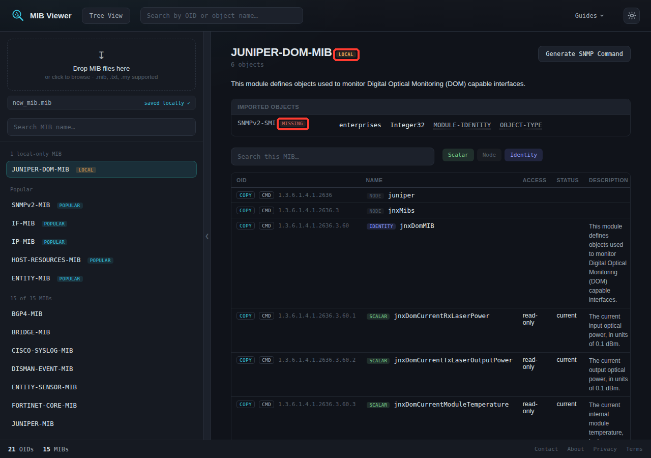 A fully parsed local MIB view for JUNIPER-DOM-MIB, showing the LOCAL badge, an Imported Objects section noting SNMPv2-SMI as missing, and a populated object table with real OIDs and descriptions