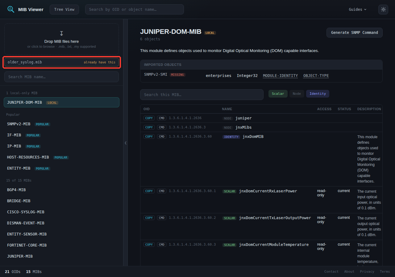 Upload feedback reading 'older_syslog.mib already have this', shown in amber, with the sidebar unchanged