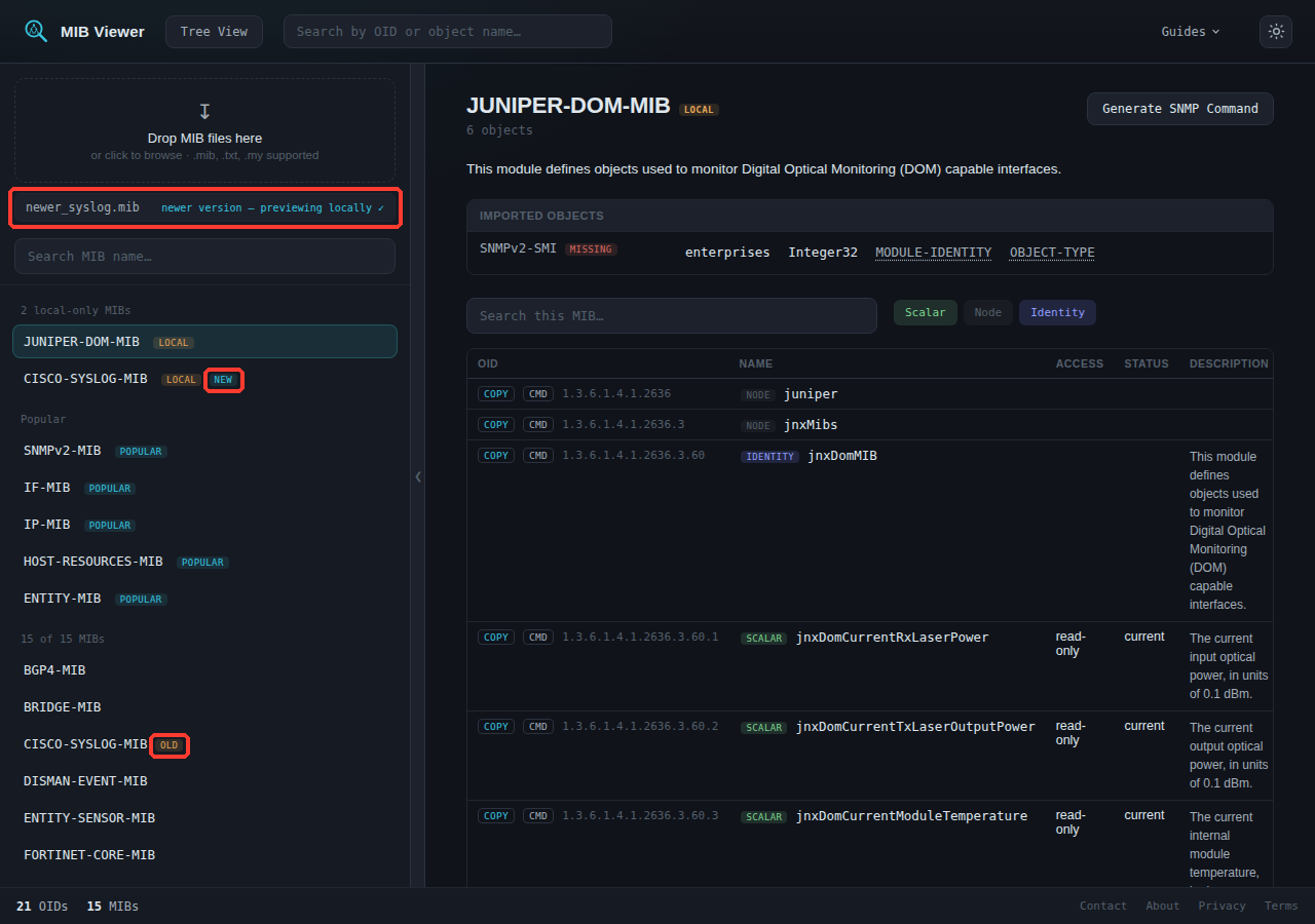 Upload feedback reading 'newer_syslog.mib newer version - previewing locally', with the sidebar showing two local-only MIBs (JUNIPER-DOM-MIB LOCAL, and CISCO-SYSLOG-MIB LOCAL NEW) and the shared list showing CISCO-SYSLOG-MIB tagged OLD