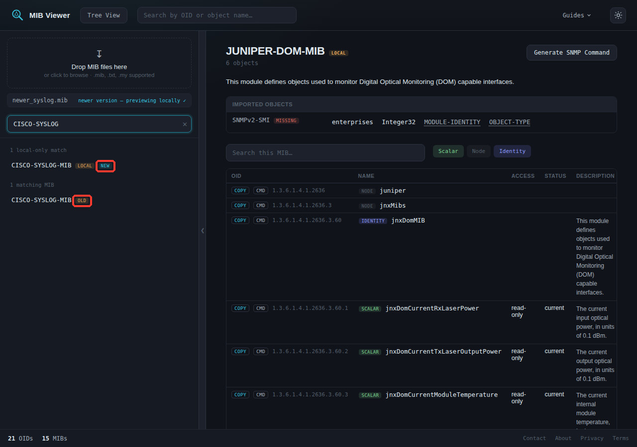 Searching 'CISCO-SYSLOG' in the sidebar search box, showing one local-only match tagged LOCAL and NEW, and one shared match tagged OLD