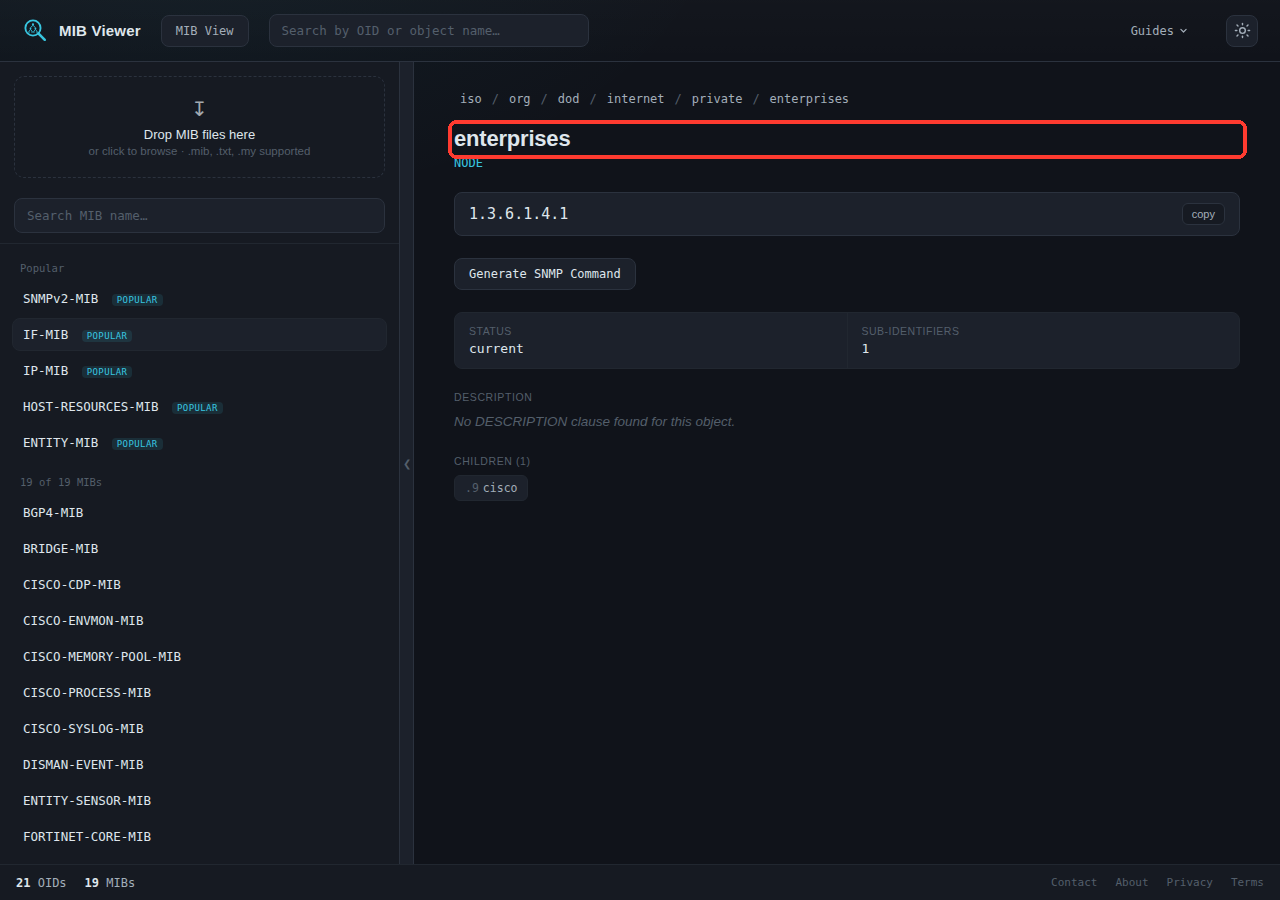 After refreshing the page while the URL still shows the local MIB's module name, the app has landed on an unrelated 'enterprises' tree node instead, and the sidebar's local-only section has disappeared entirely